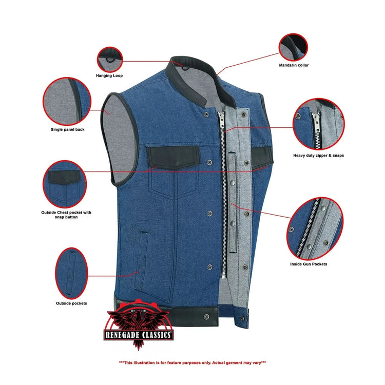 Men's Upgraded Broken Blue Denim Motorcycle Vest w/Leather Trimming