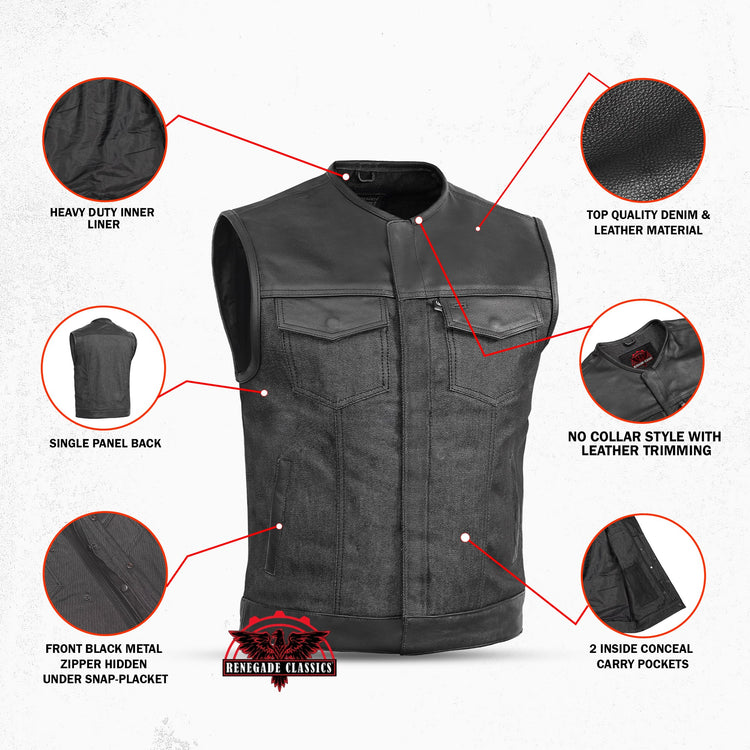 Men's Leather-Denim Combo Motorcycle Vest - No Collar