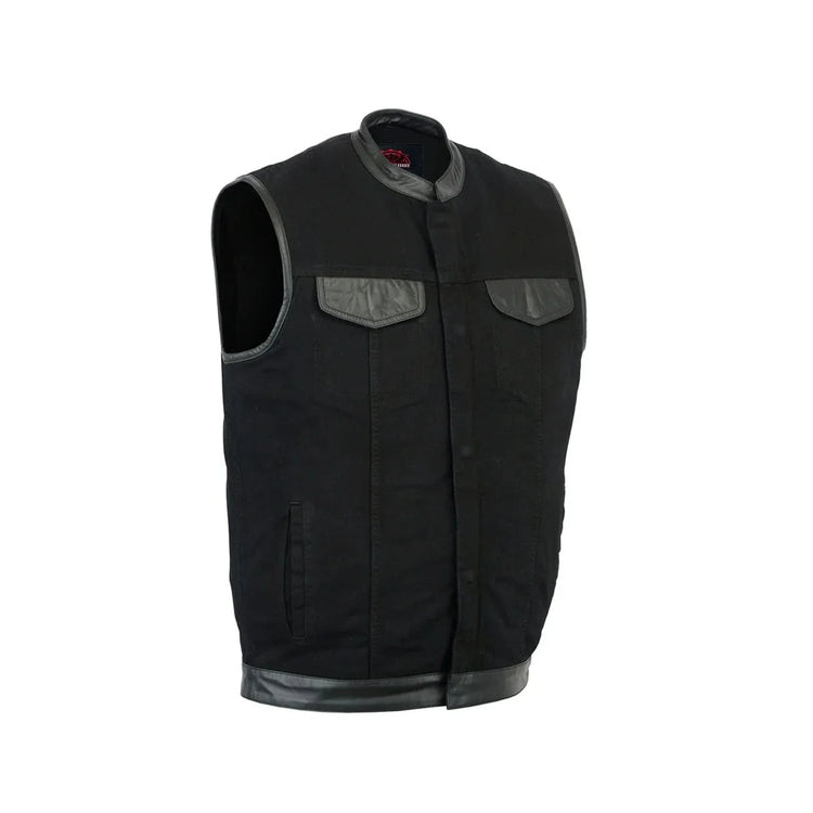 Men's Black Denim Single Panel Concealment Vest W/ Leather Trim