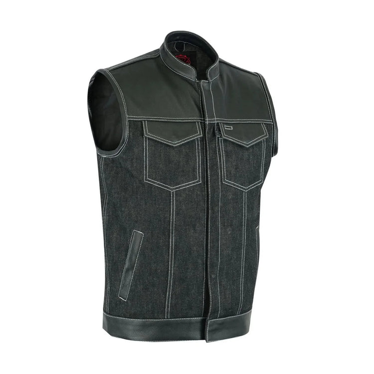 Men's Leather-Denim Combo Motorcycle Vest w/ Scoop Collar