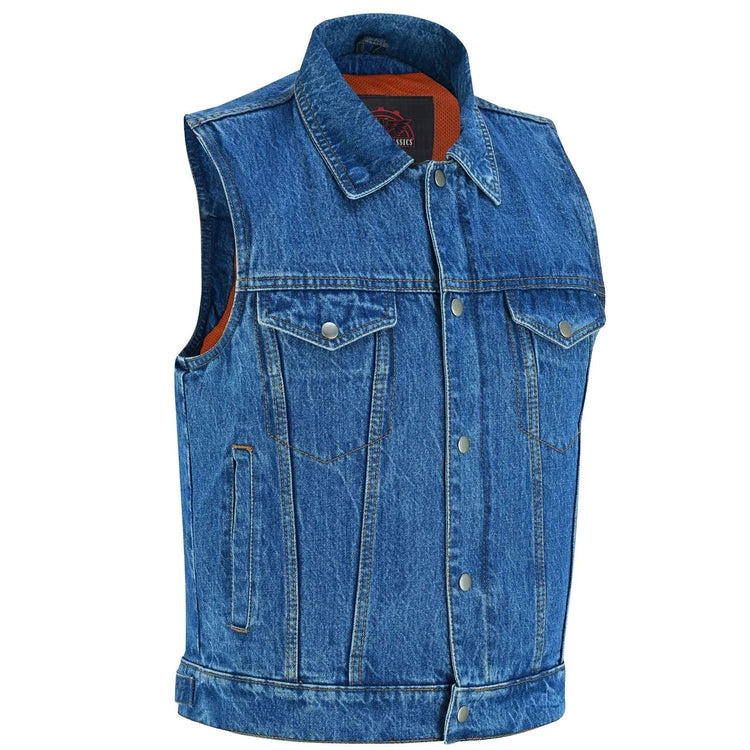 Blue Men's denim motorcycle vest with Snap/Zipper Front