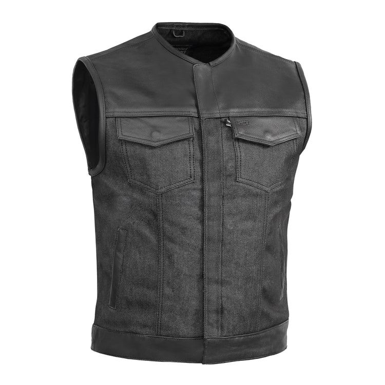 Men's Leather-Denim Combo Motorcycle Vest - No Collar