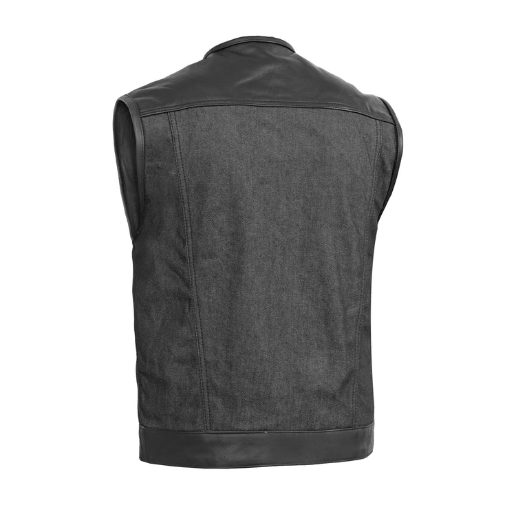 Men's Leather-Denim Combo Motorcycle Vest - No Collar