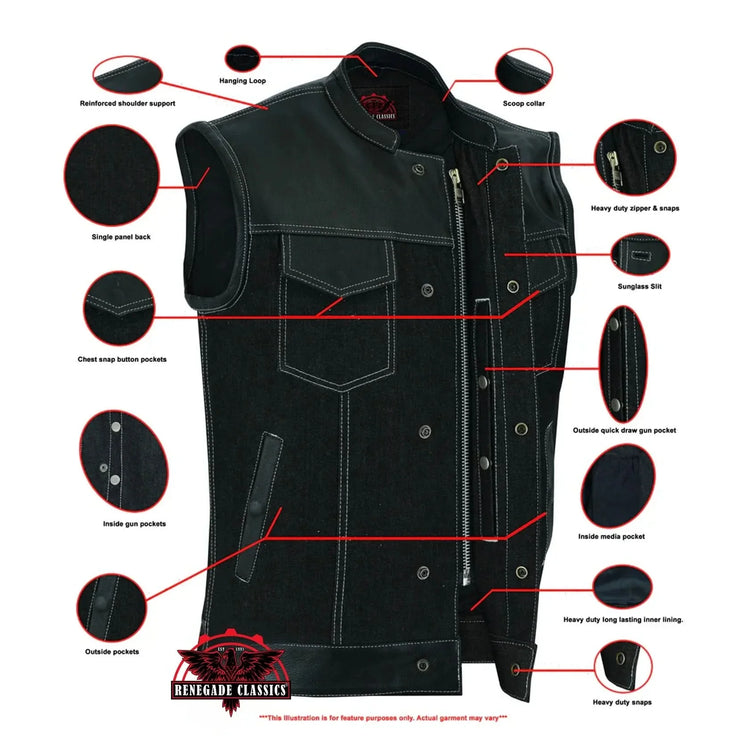 Men's Leather-Denim Combo Motorcycle Vest w/ Scoop Collar