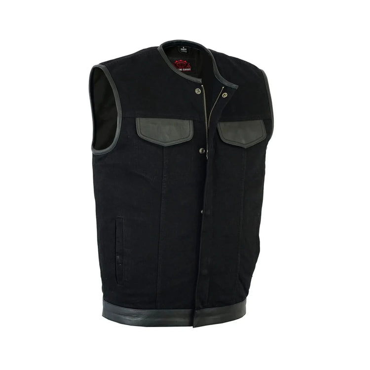 Men's Black Denim Single Panel Concealment Vest W/Leather Trim-
