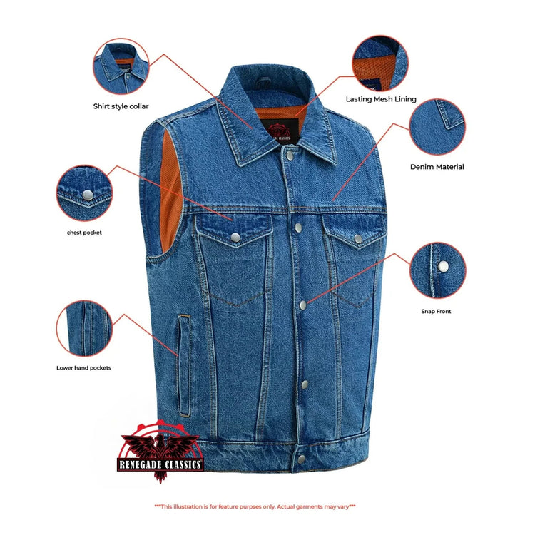 Men's Snap Front Blue Denim Motorcycle Vest