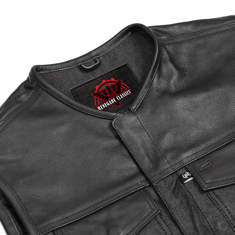 Men's Leather-Denim Combo Motorcycle Vest - No Collar