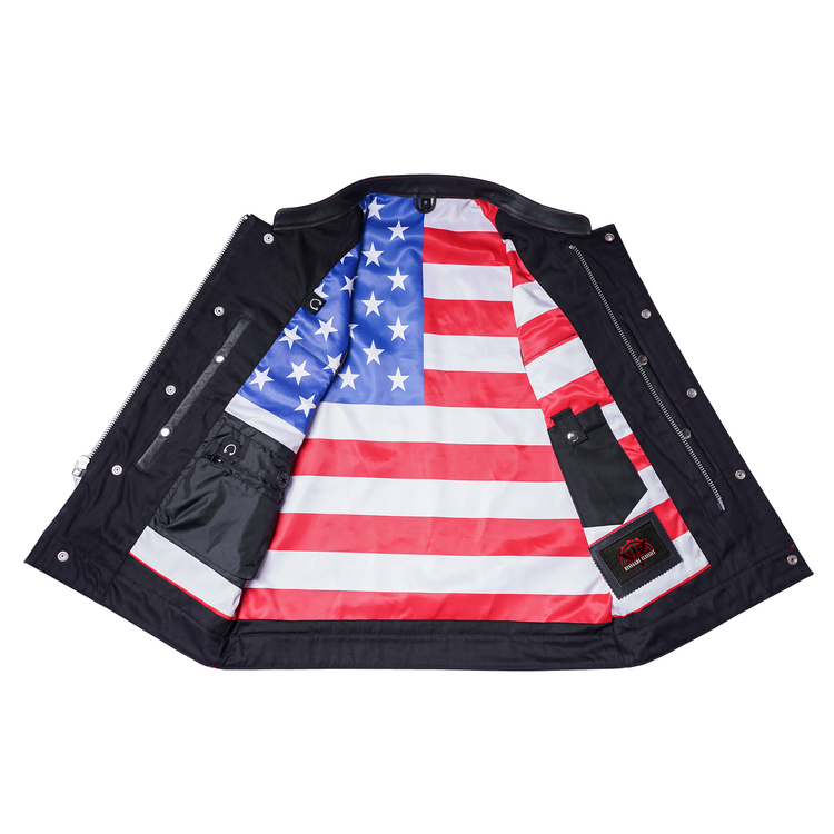 Mens's Leather Motorcycle Vest with Scoop Collar & USA Flag