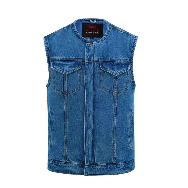 Mens Blue Denim Motorcycle Vest with Concealed Snaps & Zipper