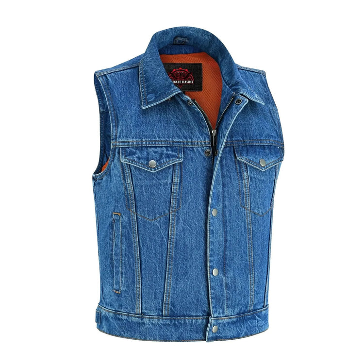 Blue Men's denim motorcycle vest with Snap/Zipper Front