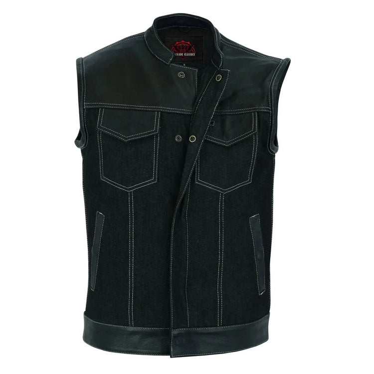 Men's Leather-Denim Combo Motorcycle Vest w/ Scoop Collar