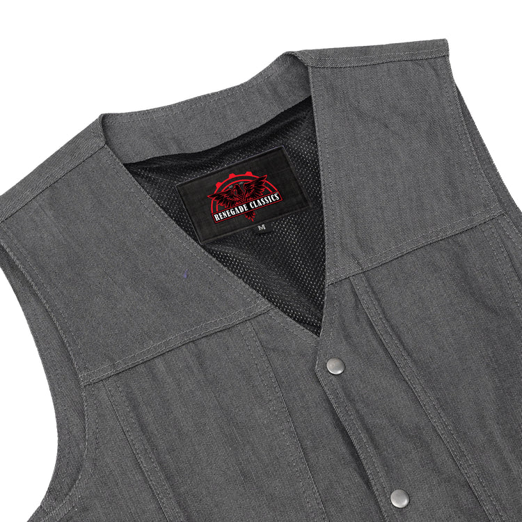 Men's Rough Rub-Off Raw Finish Broken Gray Denim Vest