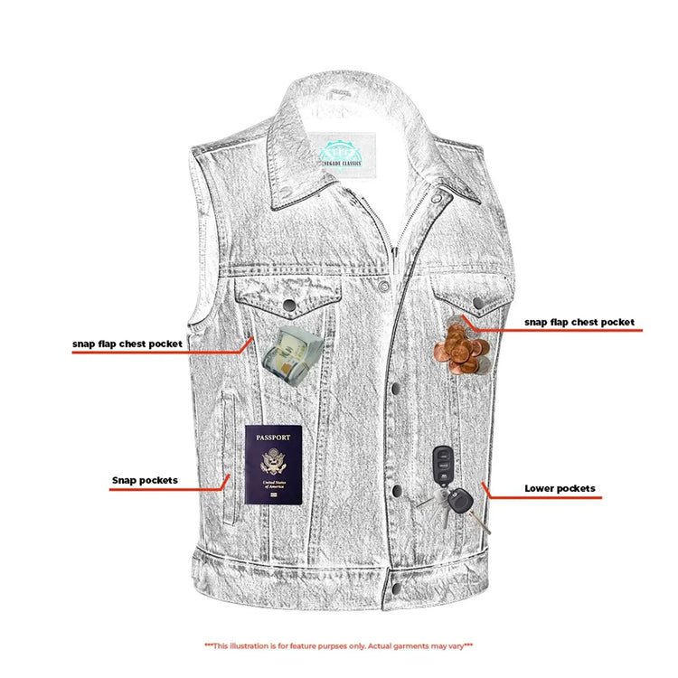 Blue Men's denim motorcycle vest with Snap/Zipper Front