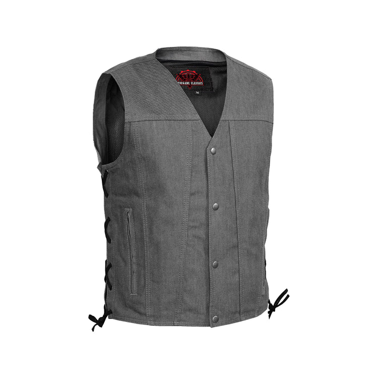 Men's Rough Rub-Off Raw Finish Broken Gray Denim Vest