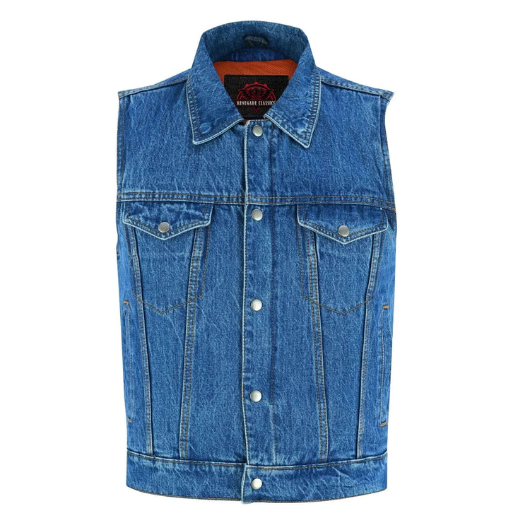 Blue Men's denim motorcycle vest with Snap/Zipper Front