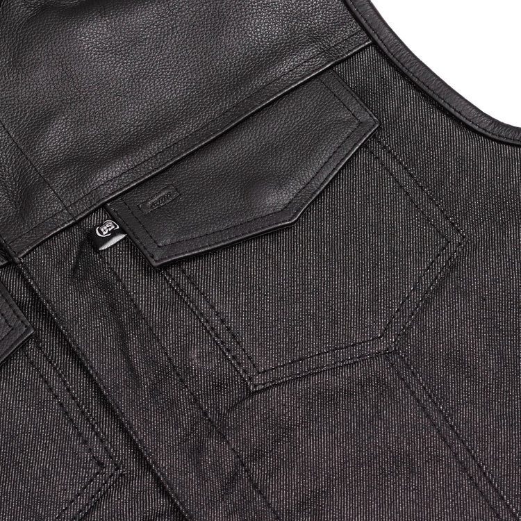 Men's Leather-Denim Combo Motorcycle Vest - No Collar