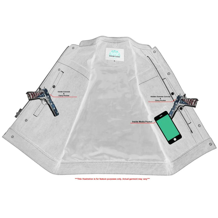 Men's Leather-Denim Combo Motorcycle Vest w/ Scoop Collar