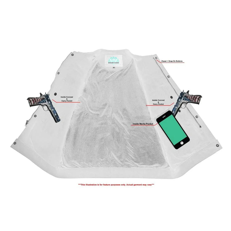 Mens Black Denim Motorcycle Vest with Concealed Snaps & Zipper