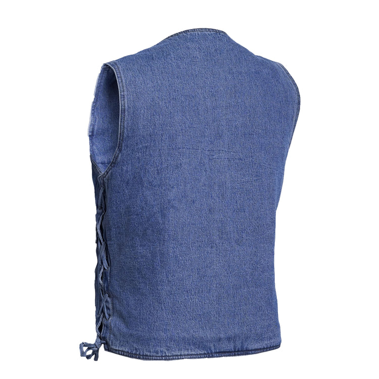 Men's Blue Denim Motorcycle Vest with Lace & Pockets