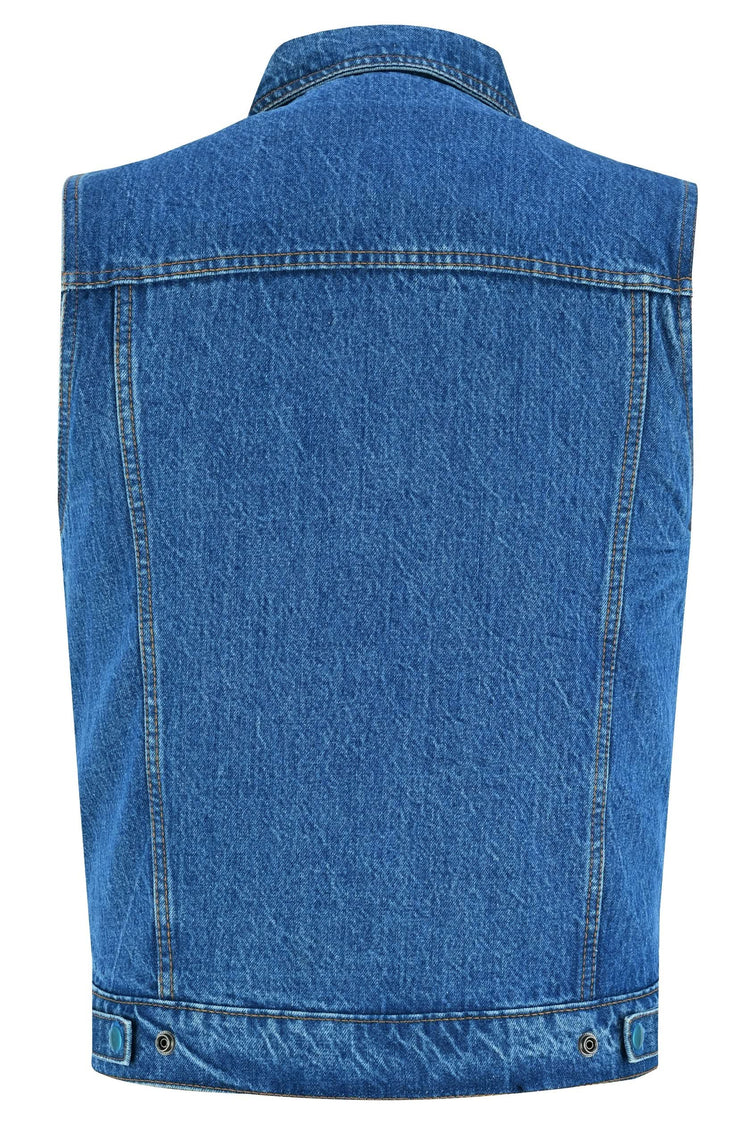 Blue Men's denim motorcycle vest with Snap/Zipper Front