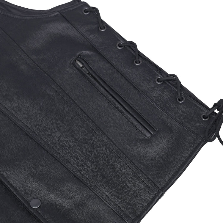 Clubster Men's Black Milled Cowhide Side Lace Motorcycle Leather Vest