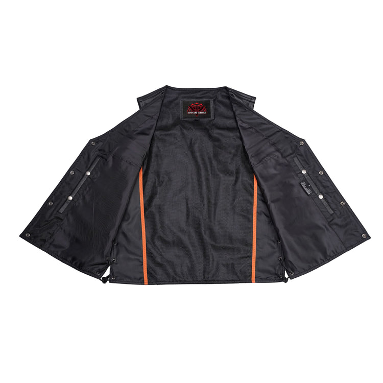 Men's Black Leather Vest with Side Laces and Smart Access Pockets