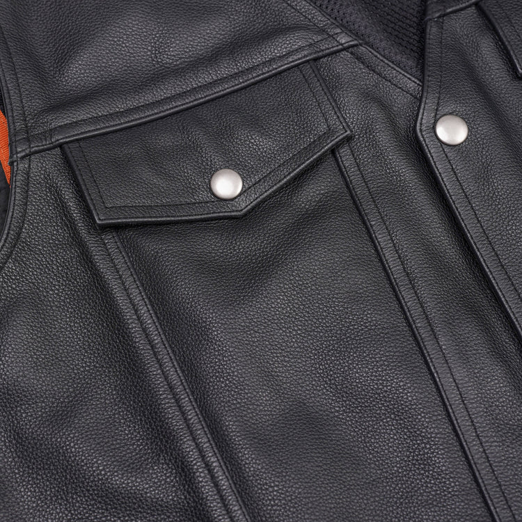 Men's Black Leather Vest with Side Laces and Smart Access Pockets
