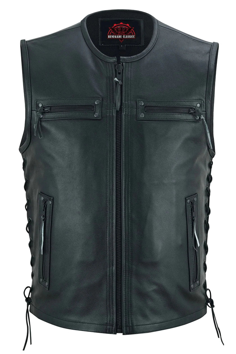 Men's Zipper Front Black Leather Motorcycle Vest