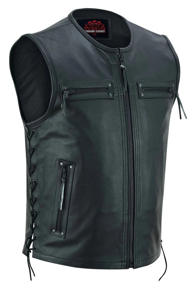 Men's Zipper Front Black Leather Motorcycle Vest