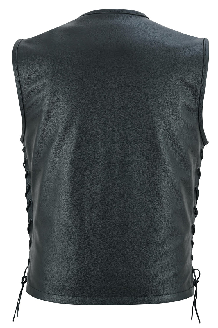 Men's Zipper Front Black Leather Motorcycle Vest