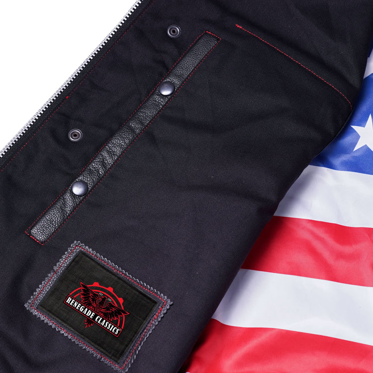 Men's Banded Collar leather Vest with USA Flag Lining & Red Stitching