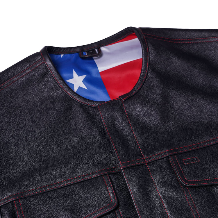 Men's Banded Collar leather Vest with USA Flag Lining & Red Stitching
