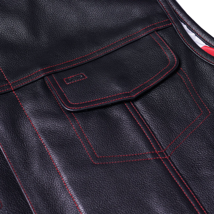 Men's Banded Collar leather Vest with USA Flag Lining & Red Stitching
