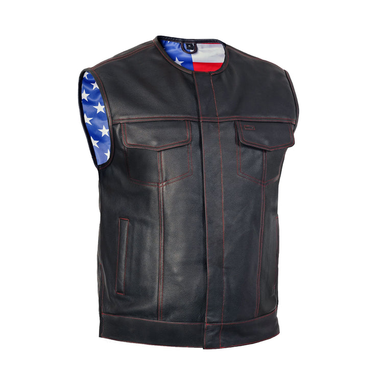 Men's Banded Collar leather Vest with USA Flag Lining & Red Stitching