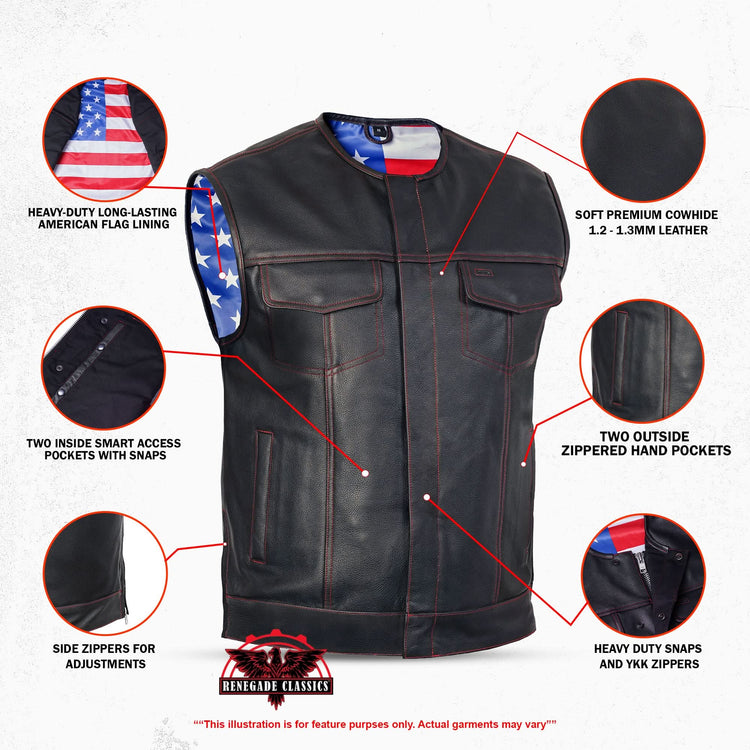 Men's Banded Collar leather Vest with USA Flag Lining & Red Stitching