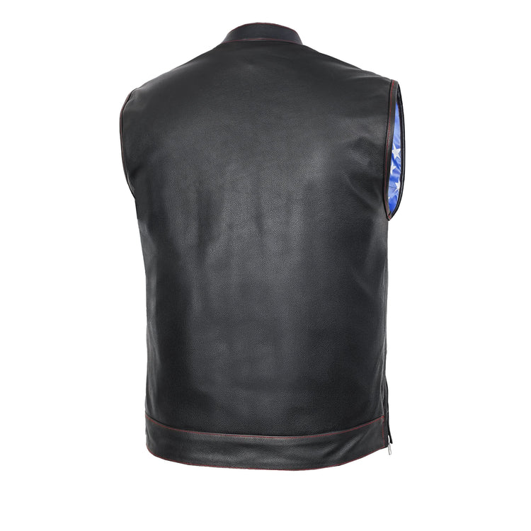 Mens's Leather Motorcycle Vest with Scoop Collar & USA Flag