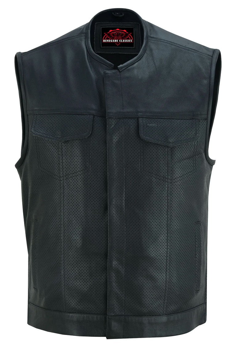 Men's Collarless Perforated Leather Vest - Black