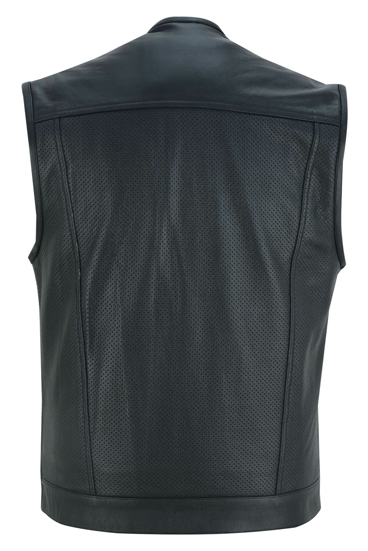 Men's Collarless Perforated Leather Vest - Black