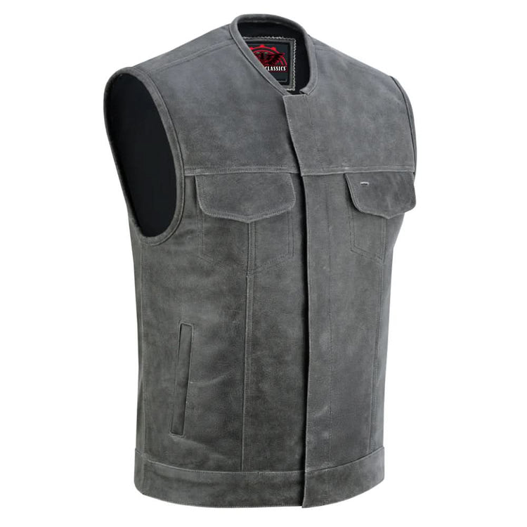 Men's Distressed Gray Cowhide Leather Motorcycle Vest