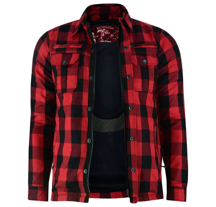 Alpha Check Men's Armored Motorcycle Flannel Shirt - Red/Black