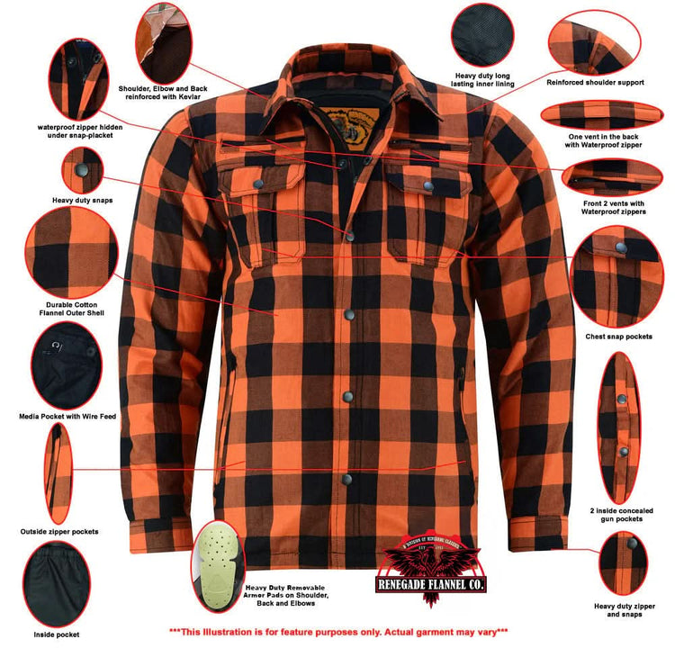 Alpha Check Men's Armored Motorcycle Flannel Shirt - Orange