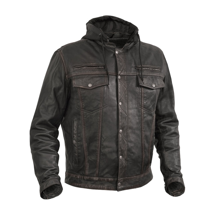 Men's Black Lightweight Drum Dyed Distressed Lambskin Jacket with Removable Hoodie
