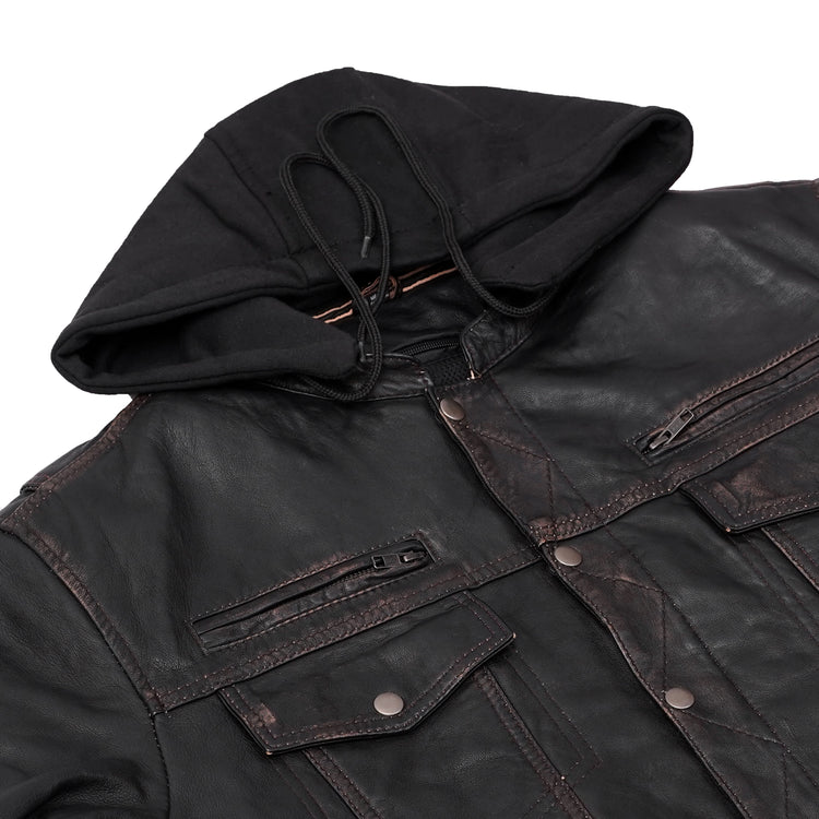 Men's Black Lightweight Drum Dyed Distressed Lambskin Jacket with Removable Hoodie