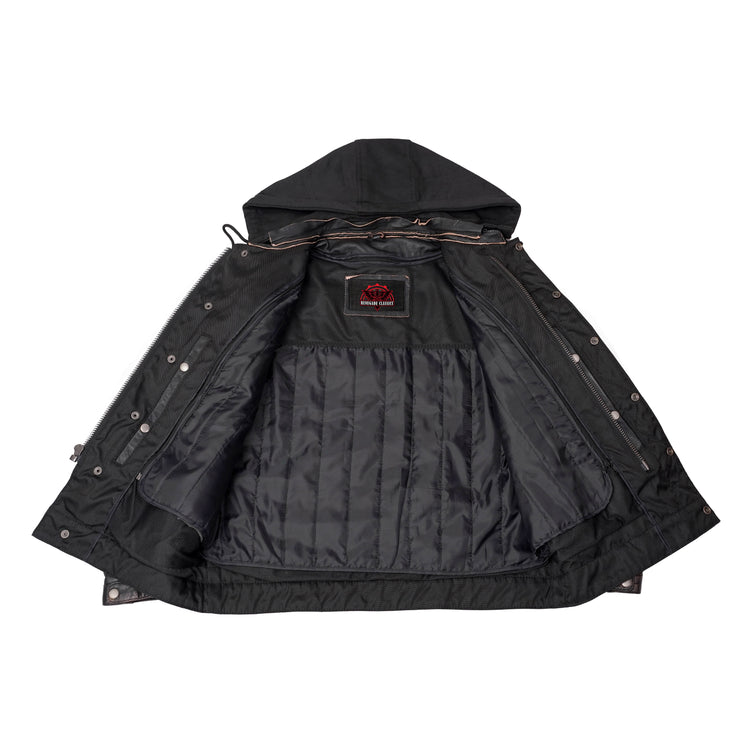 Men's Black Lightweight Drum Dyed Distressed Lambskin Jacket with Removable Hoodie