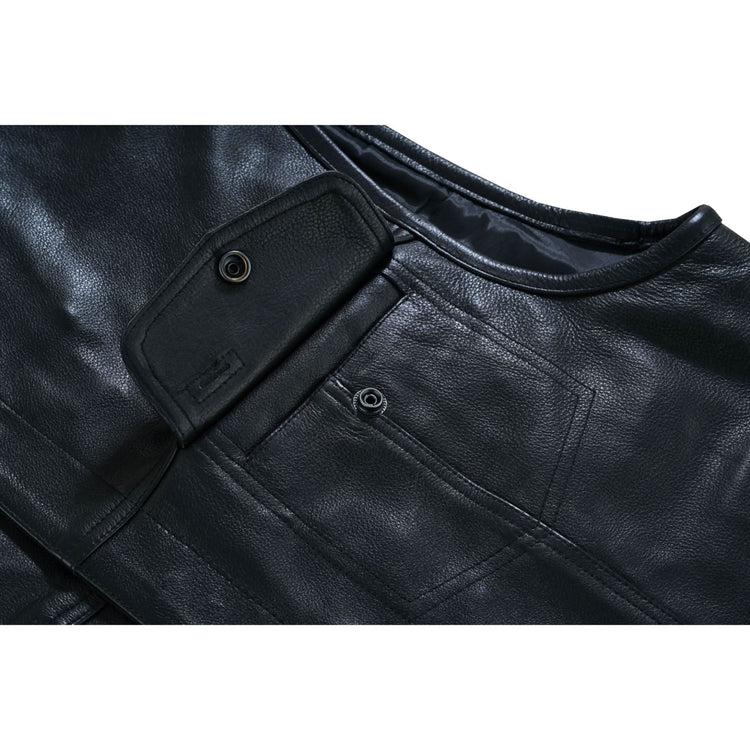 Men's Black Leather Motorcycle Vest with Upgraded Style