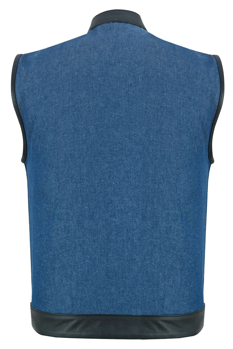 Men's Upgraded Broken Blue Denim Motorcycle Vest w/Leather Trimming