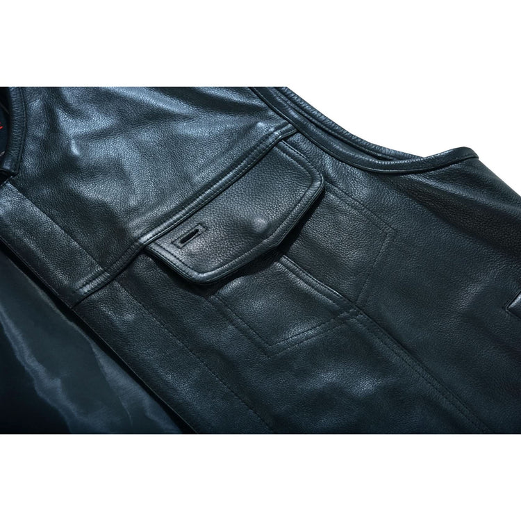 Men's Titan Black Leather Vest - Milled Cowhide, Hidden Zipper