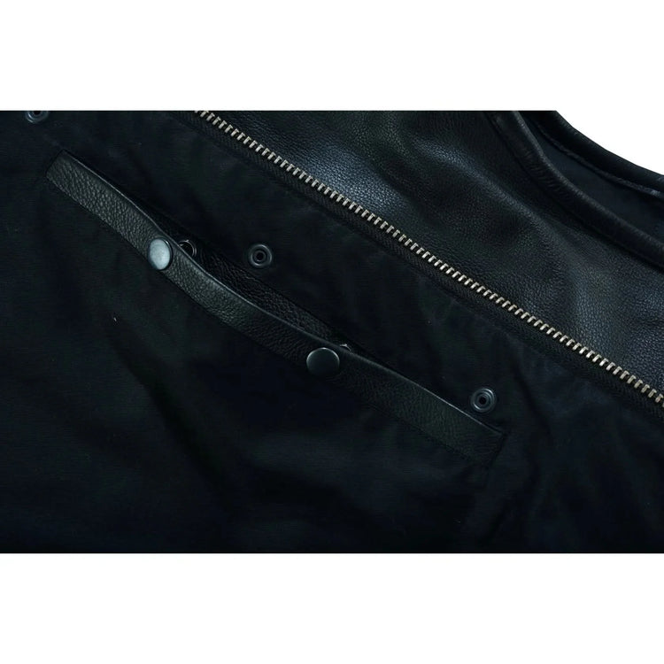 Men's Titan Black Leather Vest - Milled Cowhide, Hidden Zipper