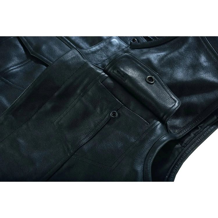 Men's Titan Black Leather Vest - Milled Cowhide, Hidden Zipper