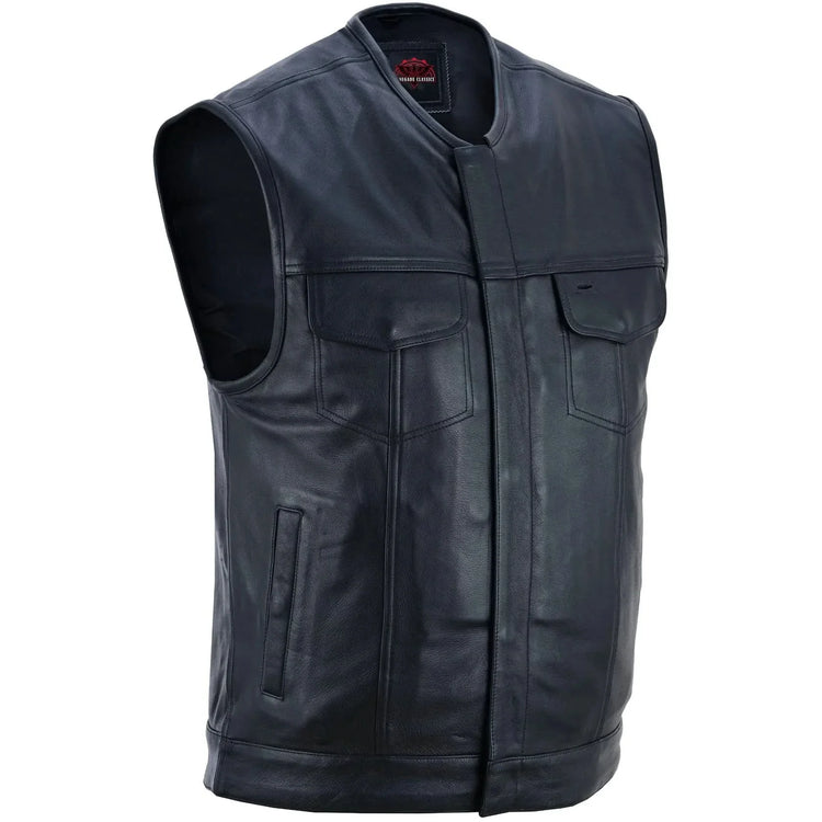 Men's Titan Black Leather Vest - Milled Cowhide, Hidden Zipper